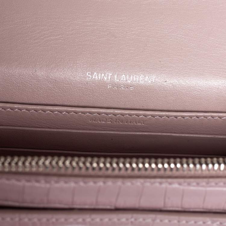 Pre Owned Saint Laurent Powder Pink Croc Embossed Leather Sunset Wallet On Chain