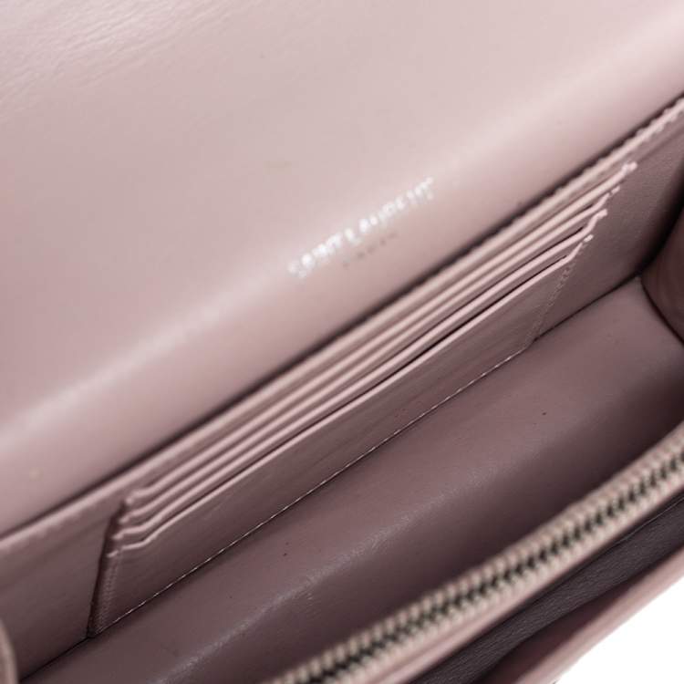 Pre Owned Saint Laurent Powder Pink Croc Embossed Leather Sunset Wallet On Chain