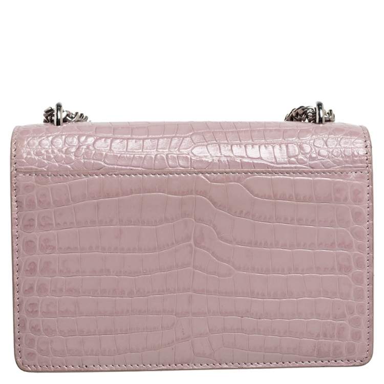 Pre Owned Saint Laurent Powder Pink Croc Embossed Leather Sunset Wallet On Chain