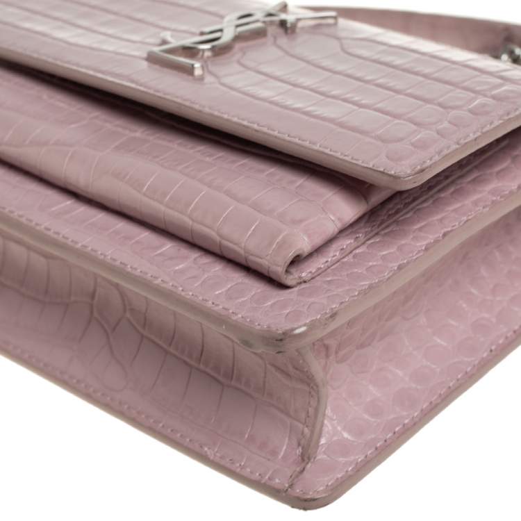 Pre Owned Saint Laurent Powder Pink Croc Embossed Leather Sunset Wallet On Chain