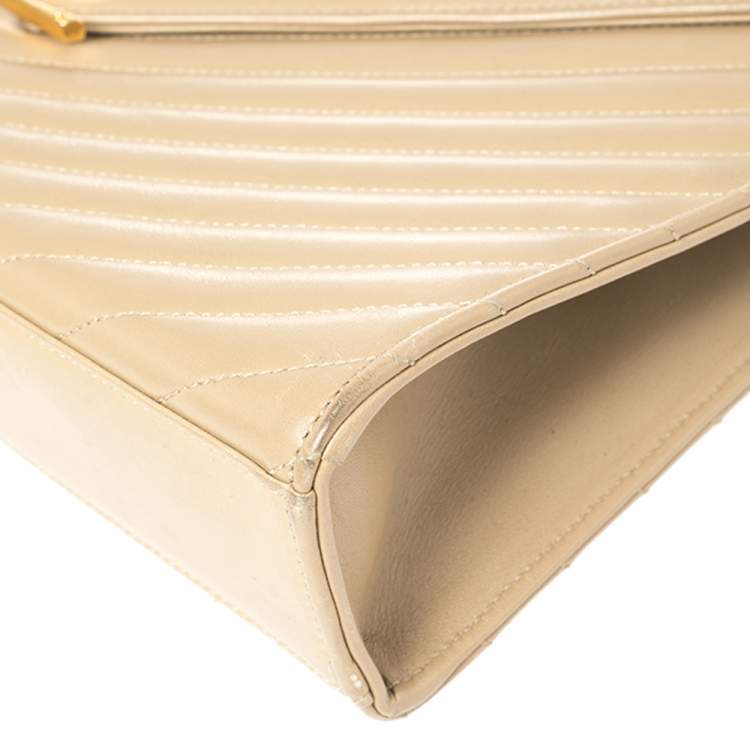 Pre Owned Saint Laurent Beige Matelassé Leather Large Cassandre Flap Bag