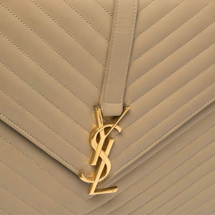 Pre Owned Saint Laurent Beige Matelassé Leather Large Cassandre Flap Bag