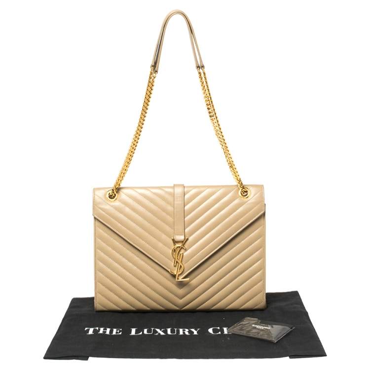 Pre Owned Saint Laurent Beige Matelassé Leather Large Cassandre Flap Bag