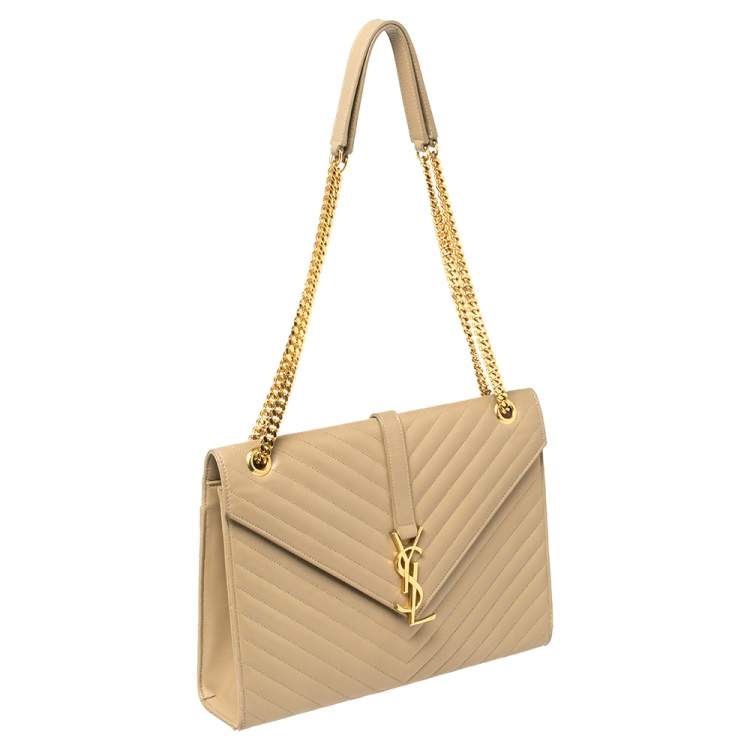 Pre Owned Saint Laurent Beige Matelassé Leather Large Cassandre Flap Bag