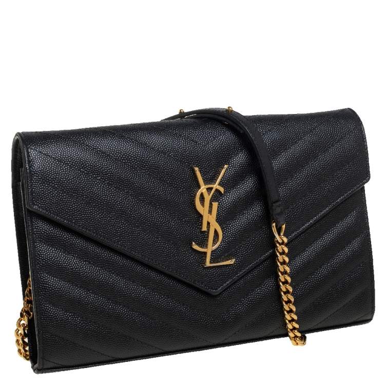 Pre Owned Saint Laurent Black Matelasse Leather Monogram Envelope Wallet on Chain