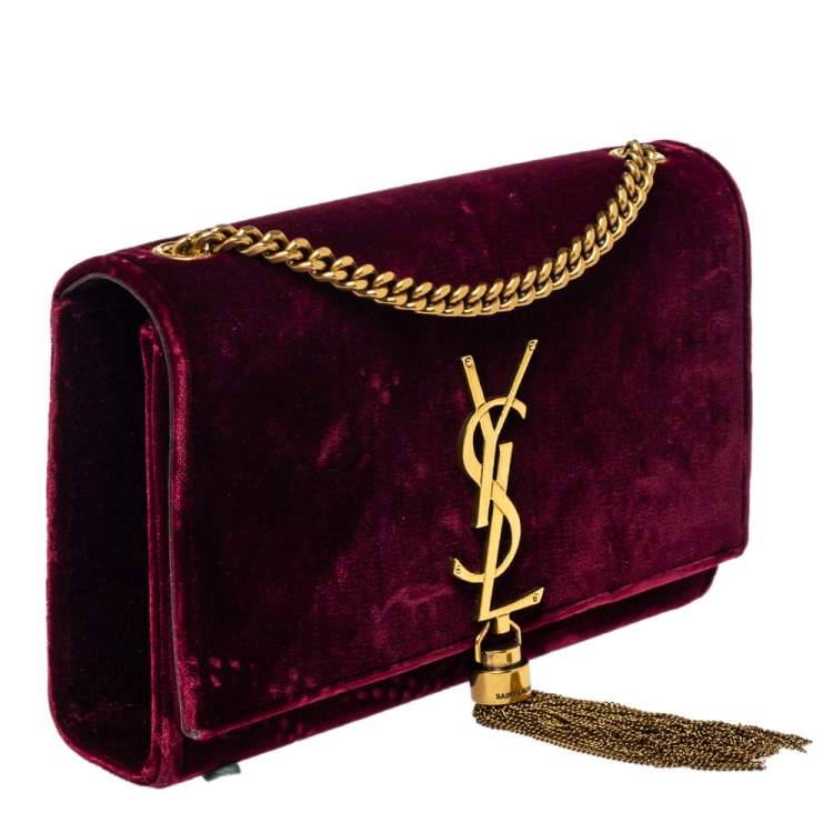 Pre Owned Saint Laurent Burgundy Velvet Monogram Kate Tassel Crossbody Bag