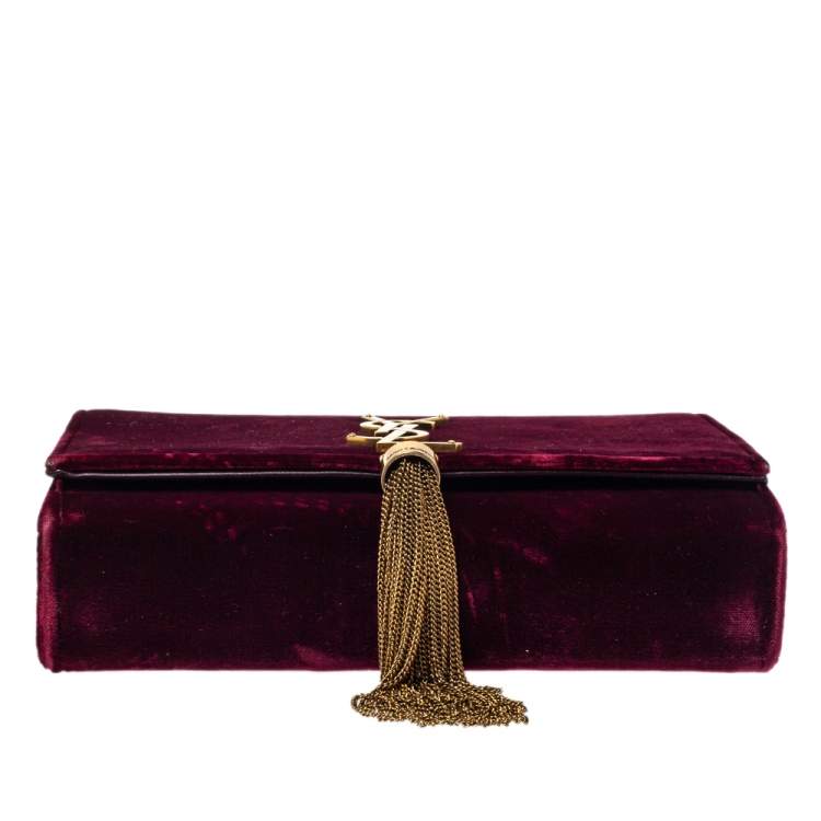 Pre Owned Saint Laurent Burgundy Velvet Monogram Kate Tassel Crossbody Bag
