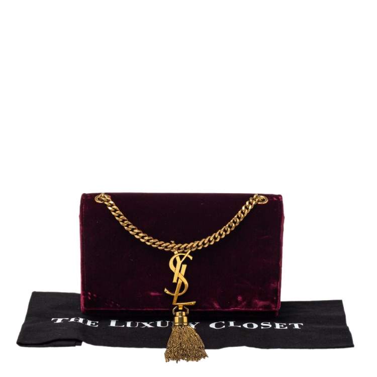 Pre Owned Saint Laurent Burgundy Velvet Monogram Kate Tassel Crossbody Bag