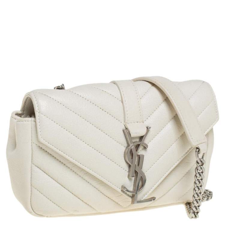 Pre Owned Saint Laurent Off White Matelassé Leather Monogram Chain Crossbody Bag
