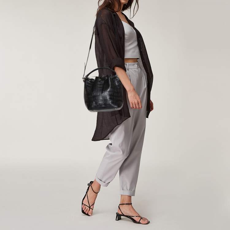 Saint Laurent Black Croc Embossed Leather Mini Emmanuelle Bucket Bag