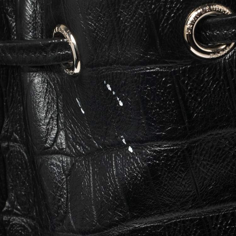 Pre Owned Saint Laurent Black Croc Embossed Leather Emmanuelle Drawstring Bucket Bag