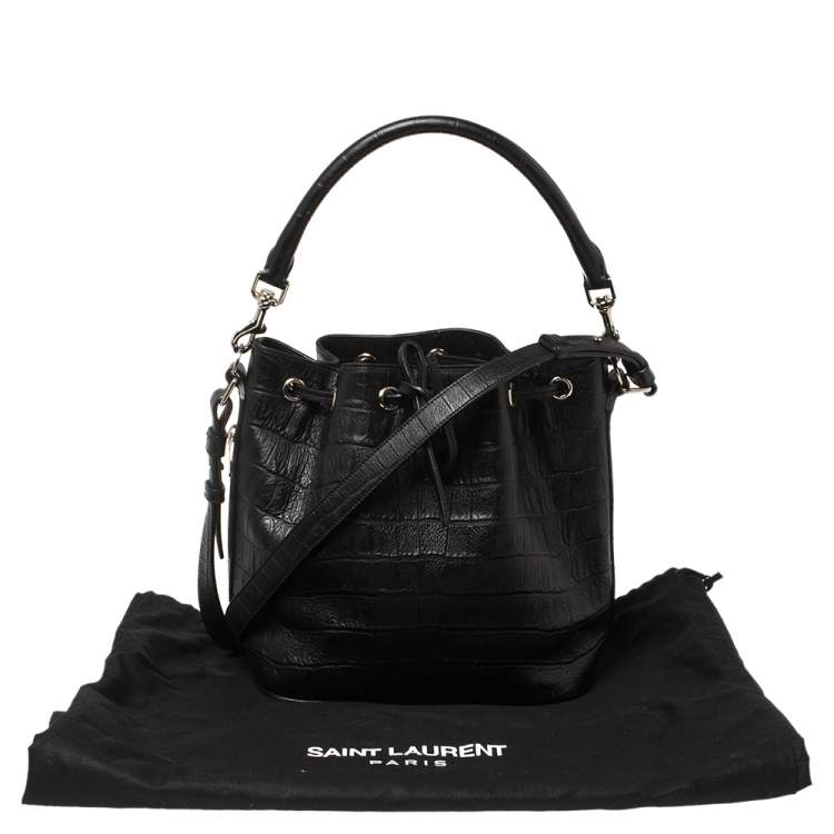 Pre Owned Saint Laurent Black Croc Embossed Leather Emmanuelle Drawstring Bucket Bag