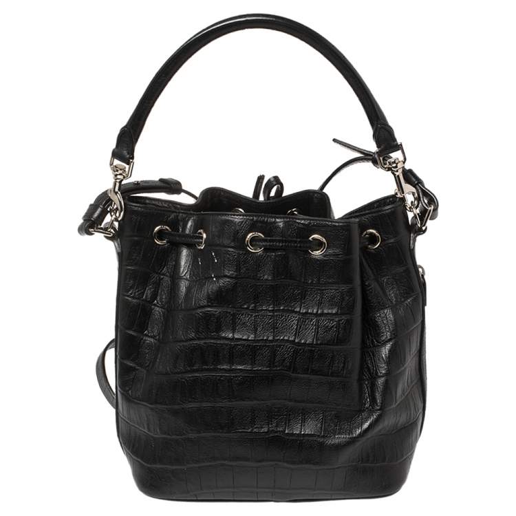 Pre Owned Saint Laurent Black Croc Embossed Leather Emmanuelle Drawstring Bucket Bag
