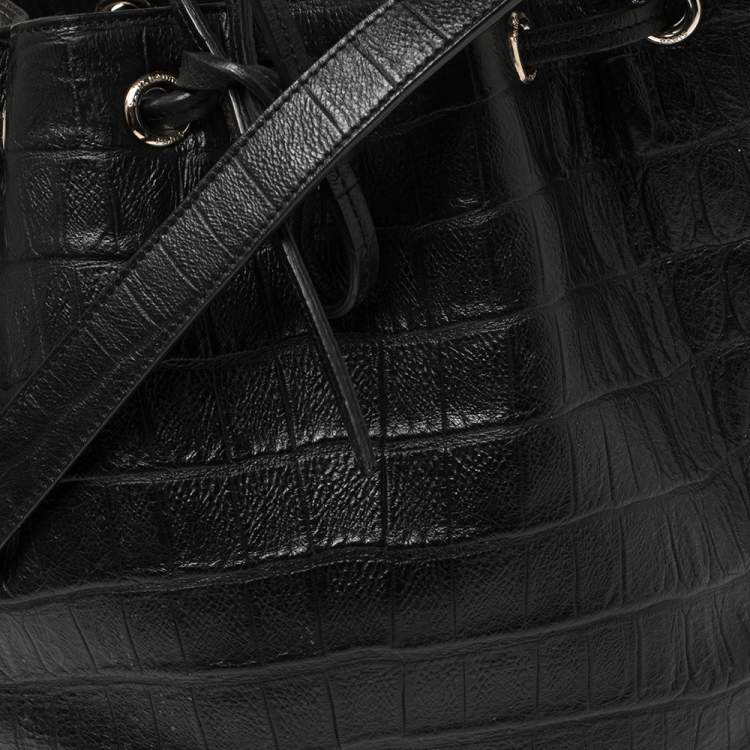 Pre Owned Saint Laurent Black Croc Embossed Leather Emmanuelle Drawstring Bucket Bag