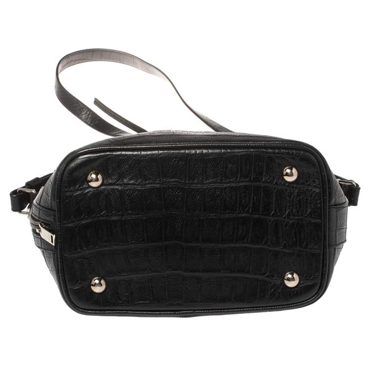 Pre Owned Saint Laurent Black Croc Embossed Leather Emmanuelle Drawstring Bucket Bag