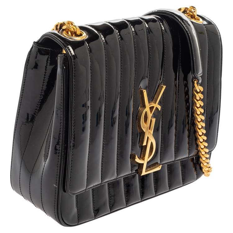 Pre Owned Saint Laurent Black Patent Leather Large Monogram Vicky Shoulder Bag