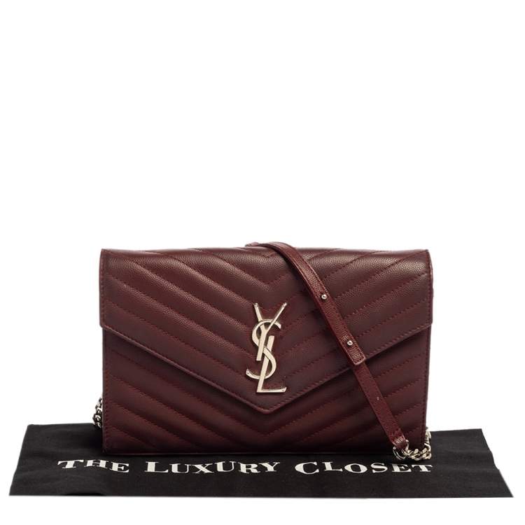 Pre Owned Saint Laurent Burgundy Matelassé Leather Monogram Envelope Wallet on Chain