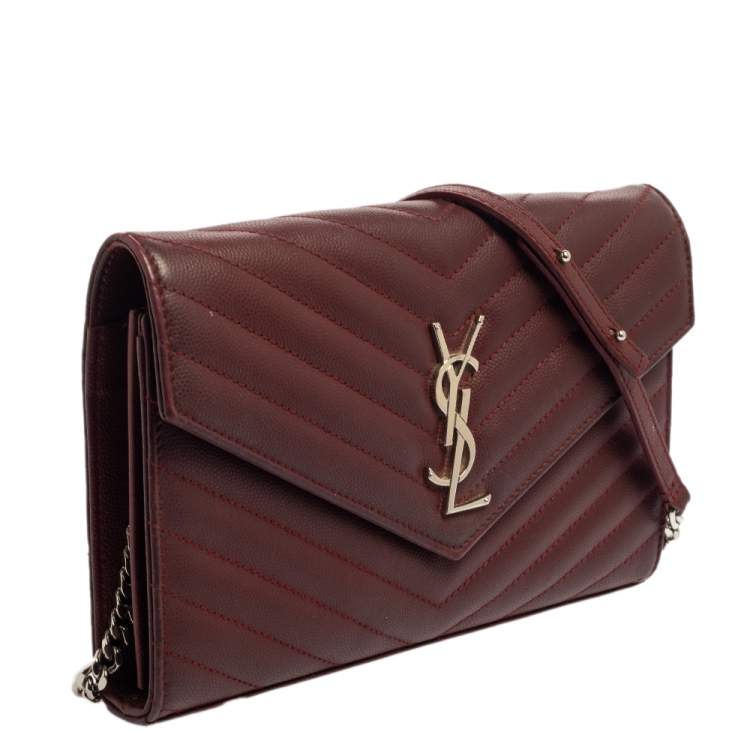 Pre Owned Saint Laurent Burgundy Matelassé Leather Monogram Envelope Wallet on Chain
