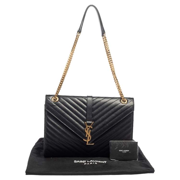 Pre Owned Saint Laurent Black Chevron Quilted Leather Monogram Envelope Shoulder Bag