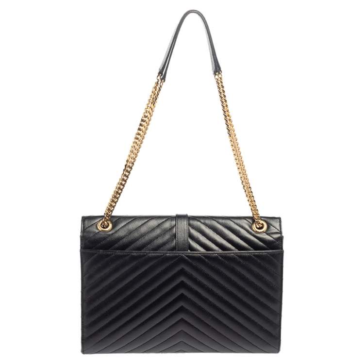 Pre Owned Saint Laurent Black Chevron Quilted Leather Monogram Envelope Shoulder Bag