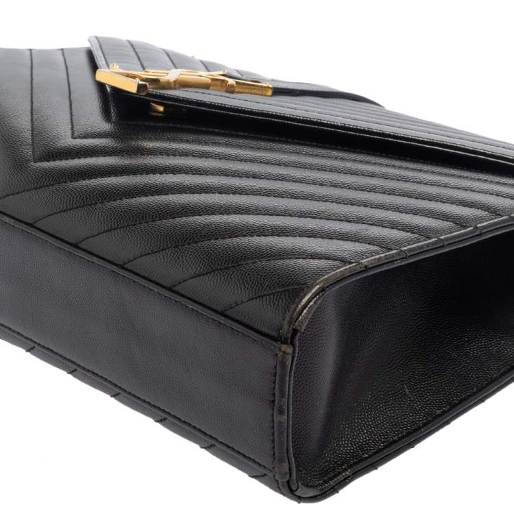 Pre Owned Saint Laurent Black Chevron Quilted Leather Monogram Envelope Shoulder Bag