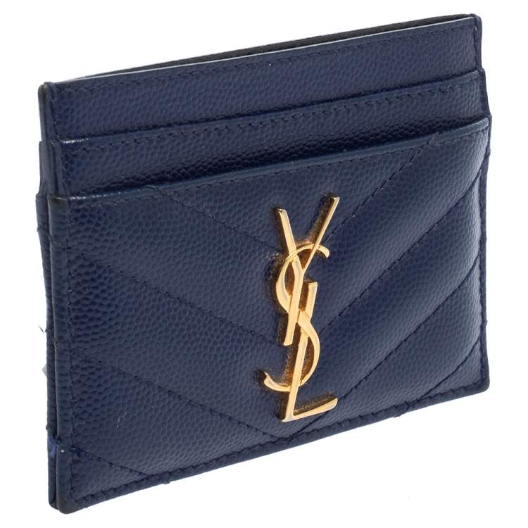 Pre Owned Saint Laurent Blue Matelassé Leather Monogram Card Holder