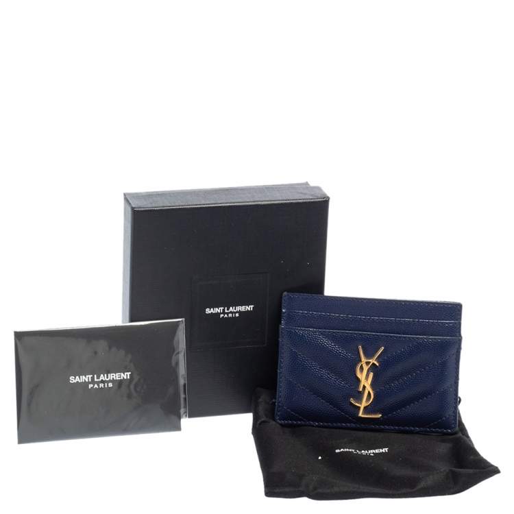 Pre Owned Saint Laurent Blue Matelassé Leather Monogram Card Holder