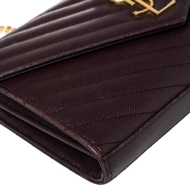 Pre Owned Saint Laurent Burgundy Matelassé Leather Monogram Envelope Wallet on Chain