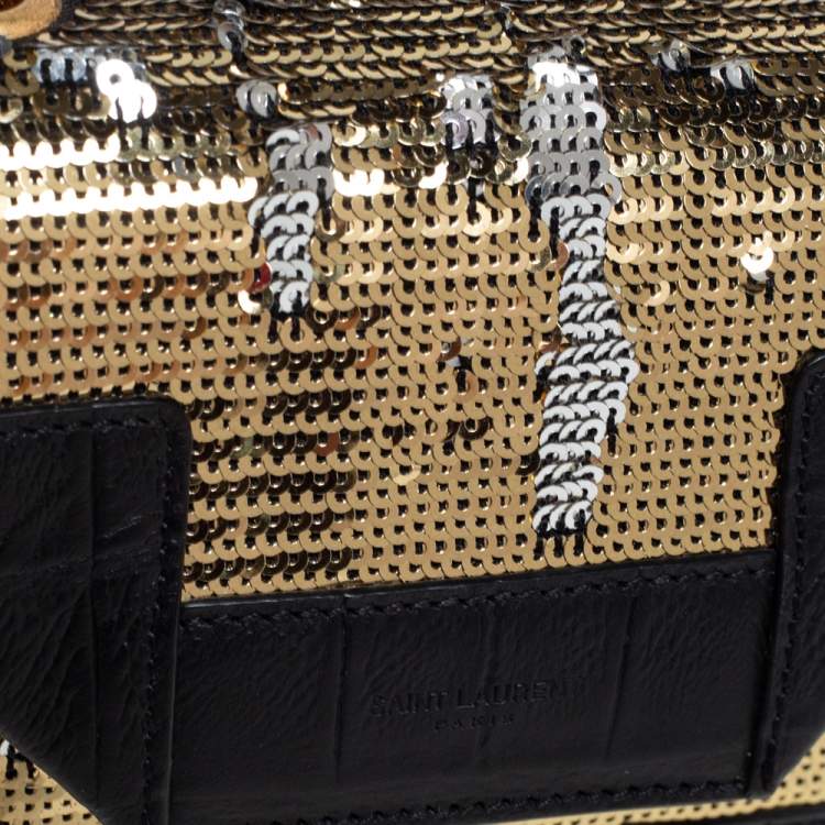 Pre Owned Saint Laurent Gold/Silver Sequin and Croc Embossed Leather Mini Betty Shoulder Bag