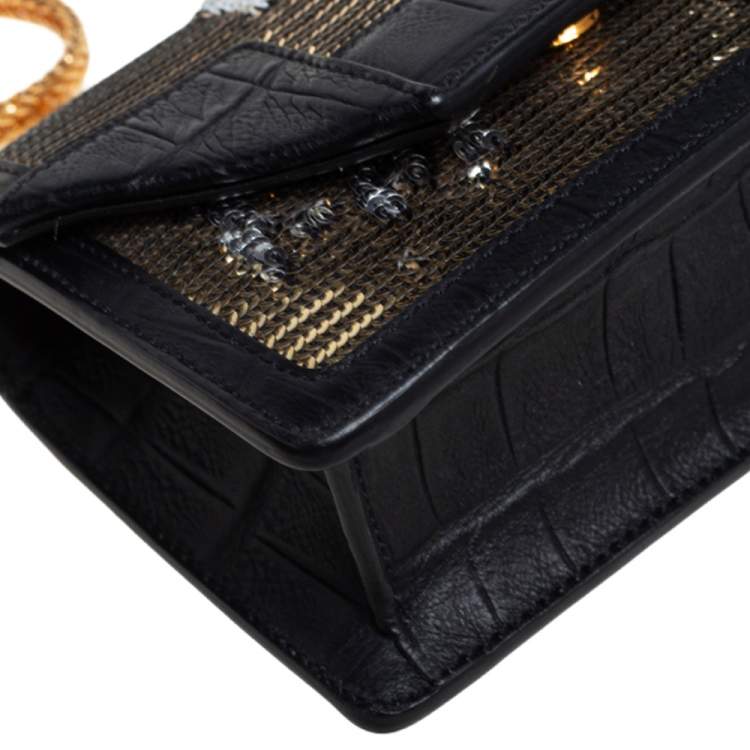 Pre Owned Saint Laurent Gold/Silver Sequin and Croc Embossed Leather Mini Betty Shoulder Bag