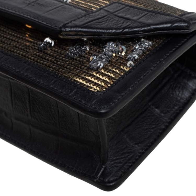 Pre Owned Saint Laurent Gold/Silver Sequin and Croc Embossed Leather Mini Betty Shoulder Bag