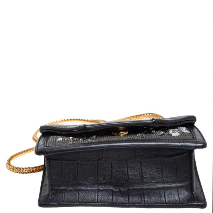Pre Owned Saint Laurent Gold/Silver Sequin and Croc Embossed Leather Mini Betty Shoulder Bag