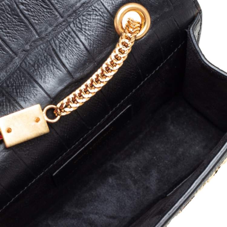 Pre Owned Saint Laurent Gold/Silver Sequin and Croc Embossed Leather Mini Betty Shoulder Bag