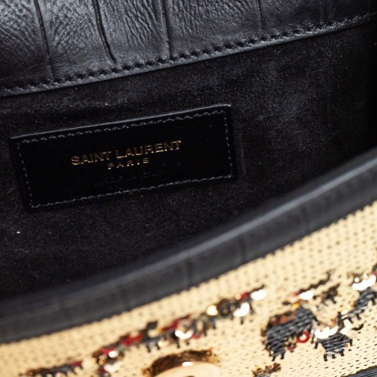 Pre Owned Saint Laurent Gold/Silver Sequin and Croc Embossed Leather Mini Betty Shoulder Bag