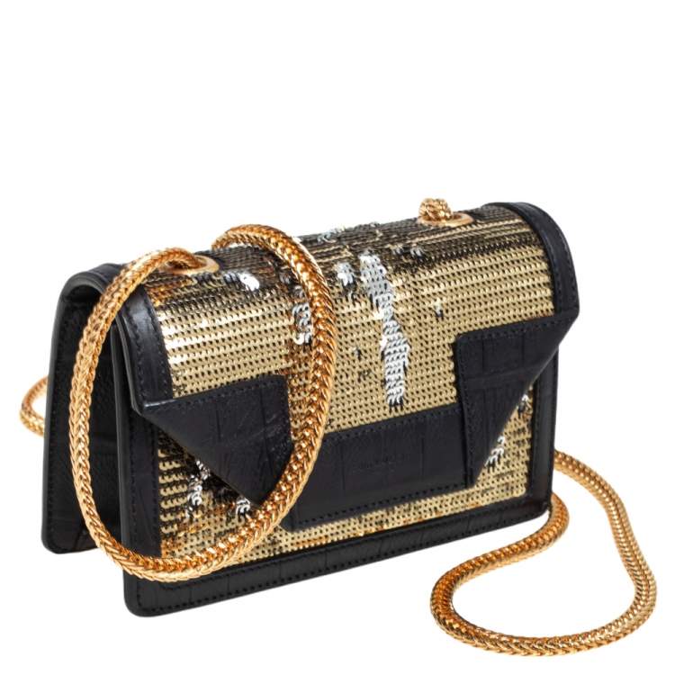 Pre Owned Saint Laurent Gold/Silver Sequin and Croc Embossed Leather Mini Betty Shoulder Bag