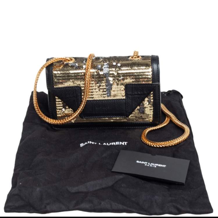 Pre Owned Saint Laurent Gold/Silver Sequin and Croc Embossed Leather Mini Betty Shoulder Bag
