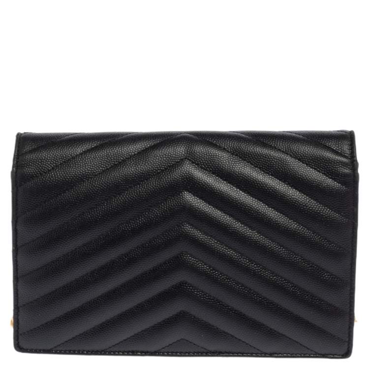 Pre Owned Saint Laurent Black Matelassé Leather Monogram Envelope Wallet on Chain