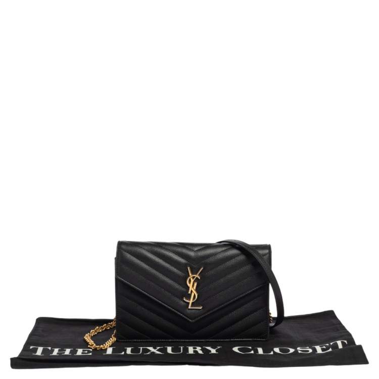 Pre Owned Saint Laurent Black Matelassé Leather Monogram Envelope Wallet on Chain