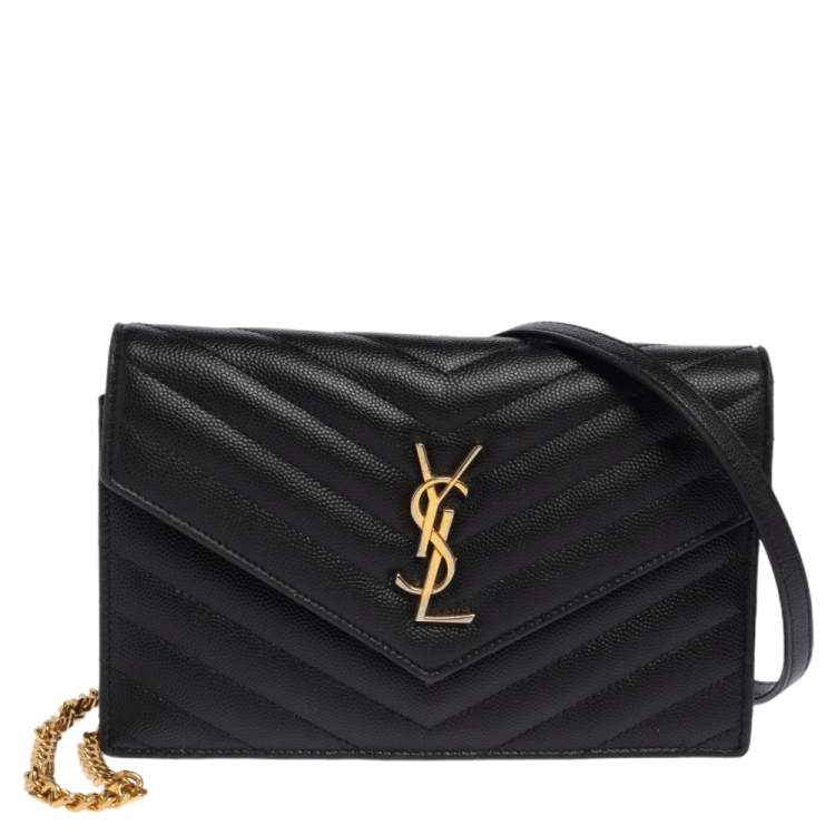 Pre Owned Saint Laurent Black Matelassé Leather Monogram Envelope Wallet on Chain