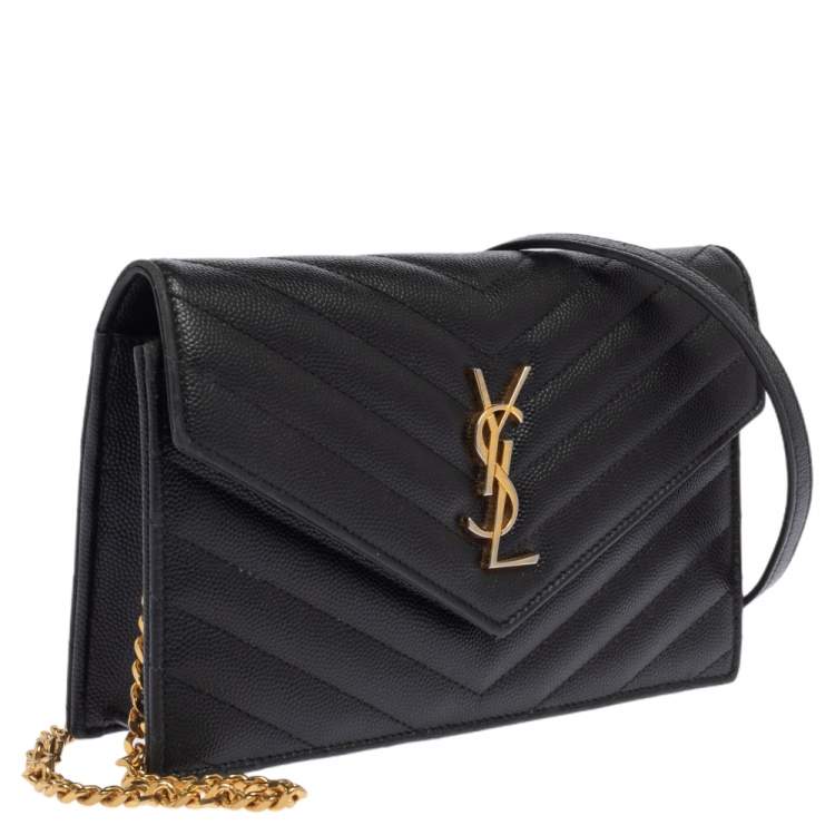 Pre Owned Saint Laurent Black Matelassé Leather Monogram Envelope Wallet on Chain