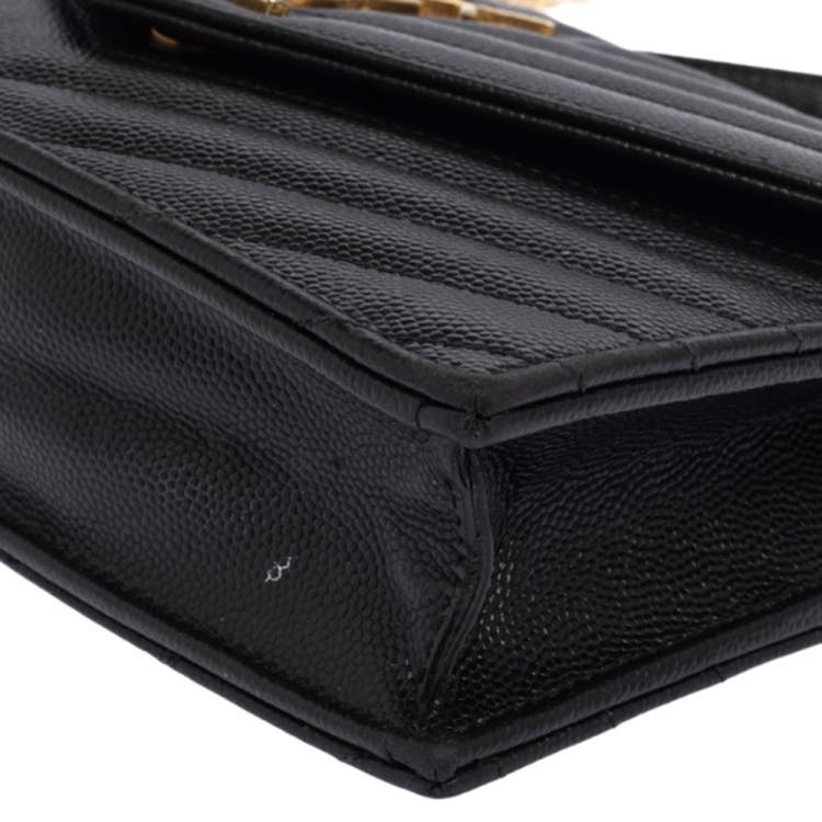 Pre Owned Saint Laurent Black Matelassé Leather Monogram Envelope Wallet on Chain