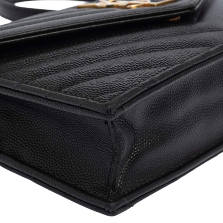 Pre Owned Saint Laurent Black Matelassé Leather Monogram Envelope Wallet on Chain