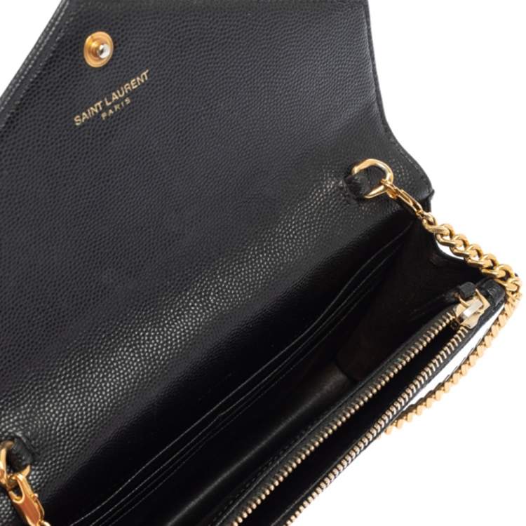 Pre Owned Saint Laurent Black Matelassé Leather Monogram Envelope Wallet on Chain