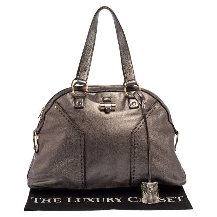 Pre Owned Saint Laurent Paris Metallic Grey Leather Medium Muse Tote