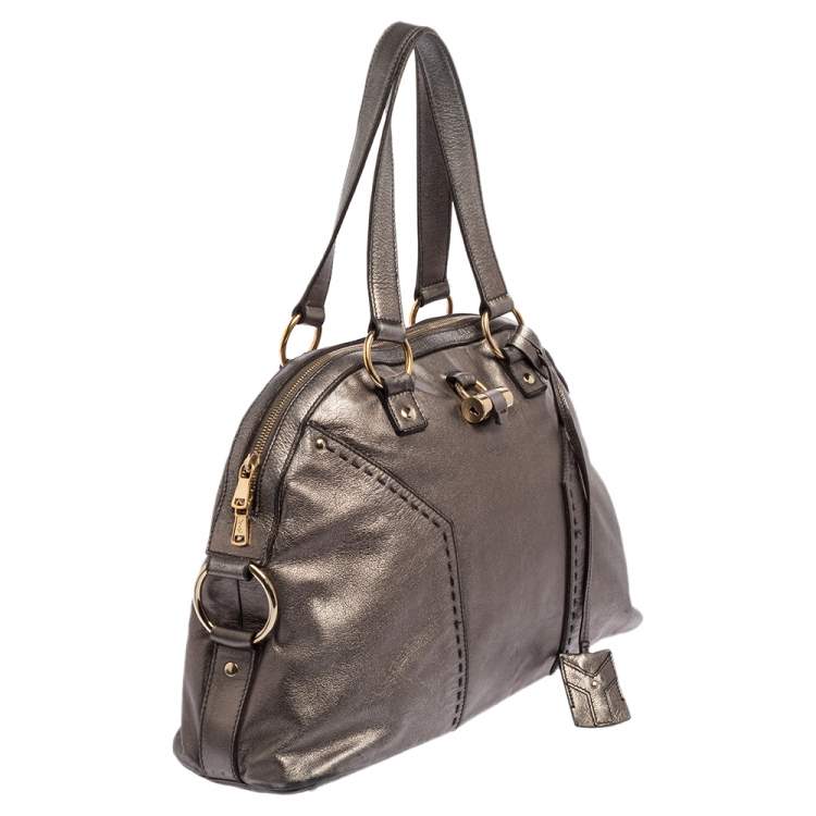Pre Owned Saint Laurent Paris Metallic Grey Leather Medium Muse Tote