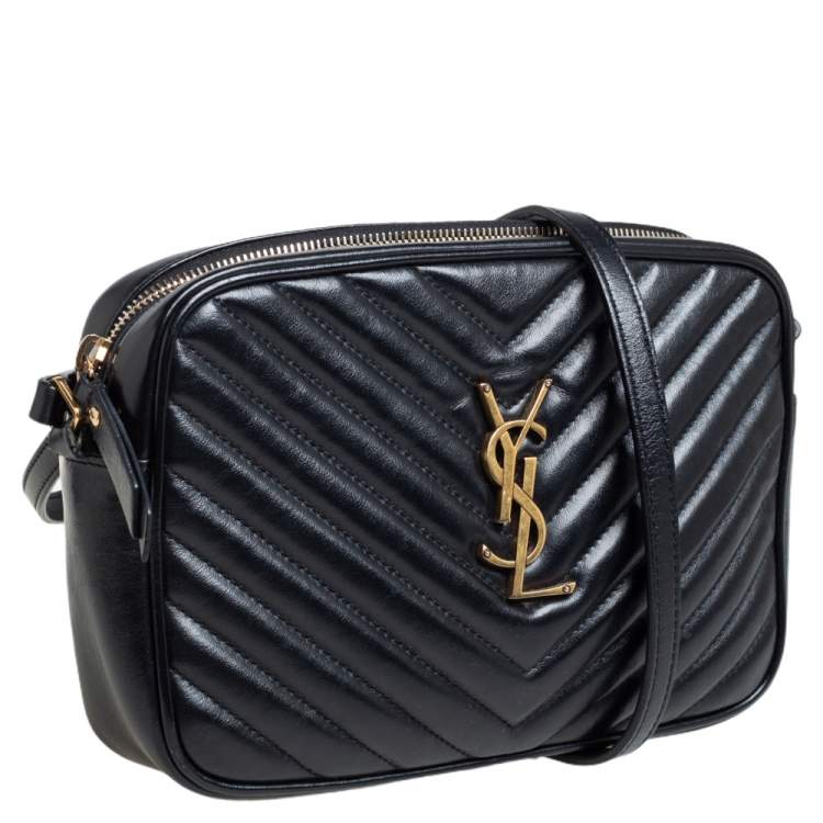 Pre Owned Saint Laurent Black Matelassé Leather Monogram Lou Camera Crossbody Bag