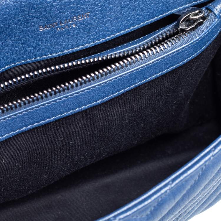 Pre Owned Saint Laurent Blue Matelassé Leather Medium College Top Handle Bag