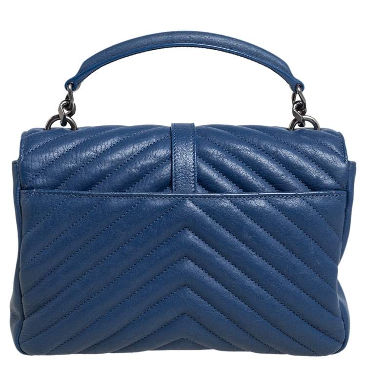 Pre Owned Saint Laurent Blue Matelassé Leather Medium College Top Handle Bag