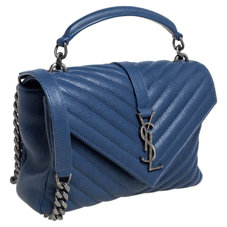 Pre Owned Saint Laurent Blue Matelassé Leather Medium College Top Handle Bag