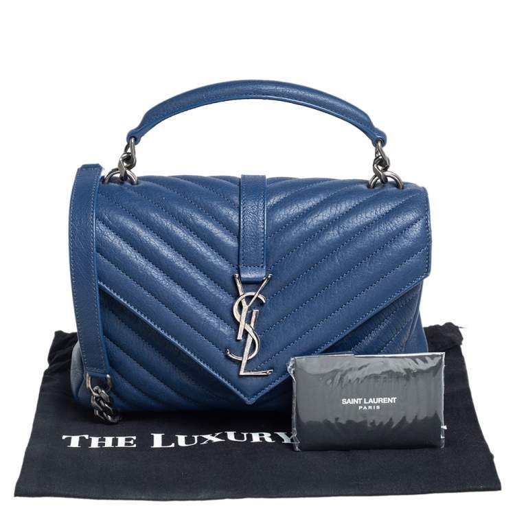 Pre Owned Saint Laurent Blue Matelassé Leather Medium College Top Handle Bag